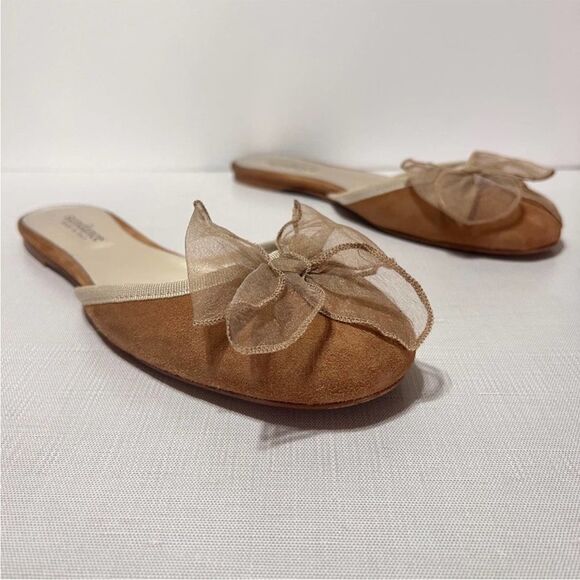 Sundance Karina Suede Mules Flats Slip On Gauze Sheer Bow Camel Tan 38 8 NEW - Picture 1 of 8